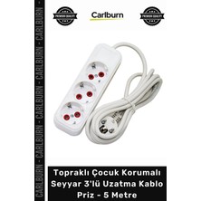 Carlburn Özel Üretim Beyaz Renk Topraklı Çocuk Korumalı Seyyar Grup Priz Çoklu 3'lü Uzatma Kablo Priz 5 Metre