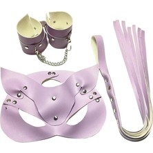 Esranın Dünyası Fantezi Deri Seksi Lila Kedi Maske Kelepçe Kırbaç Seti ( 3’lü Set)