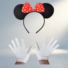 Meks Minnie Mouse Temalı Kırmızı Fiyonklu Taç ve Beyaz Eldiven Seti