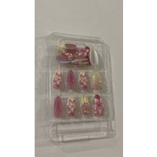 Semperi 3D Pembe-Sarı Çiçekli Kabartmalı Lüks Takma Tırnak Seti - Badem Kesim,