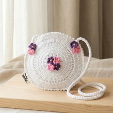 Rug Muse El Örgüsü Kız Çocuk Omuz Çantası - White Bouquet - Çiçekli Yuvarlak - Beyaz