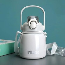 Paslanmaz Çelik Tombul Su Matarası - 650ML - Askılı ve Pipetli Çelik Suluk (Beyaz)
