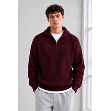 Serablanka Erkek Oversize Yarım Fermuarlı Triko Kazak Bordo