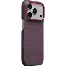 iPhone 18 Pro Max Kılıf M-Safe Şarj Özellikli Aramid Karbon Fiber Pitaka Argyle Kapak Mavi-Kırmızı
