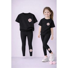 BarsDepo Kız Çocuk Kombin Tayt - T-Shirt Takım %100 Pamuk Baskılı Esnek Rahat Günlük Spor Kombin