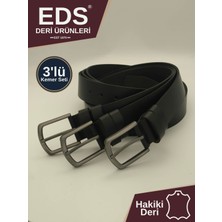 Eds Deri Ürünleri Erkek 3’lü Siyah Hakiki Deri Kemer Seti