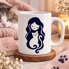 Ajans 313 Kadın ve Kedi Minimal Silüet Baskılı Kupa – Kedi Sever Kadına Hediye