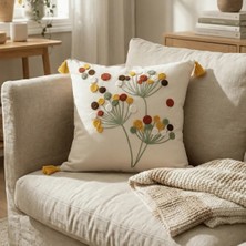 Destiva Home Punch Nakışlı Sarı Püsküllü Pamuk Gizli Fermuarlı Dekoratif Kırlent Kılıfı 42X42 cm