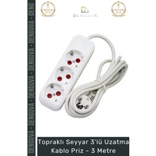 Denguva Özel Üretim Beyaz Topraklı Seyyar Grup Priz Çocuk Korumalı Güvenli 3'lü Uzatma Kablo Priz 3 Metre