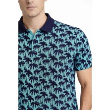 Velmora Fashion Erkek Pike Kumaş Polo Yaka Palmiye Desenli Tişört Kısa Kol Yazlık T-Shirt - Turkuaz