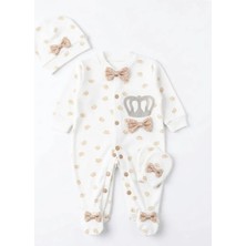 Perfect Baby Yenidoğan Organik Pamuk Taç Desenli Patikli 3 Parça Bebek Hastane Çıkışı Seti Yenidoğan Bebek Tulum