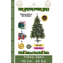 Denguva Premium Kutu Süsleme Seti Yılbaşı Çam Ağacı Renkli Işığı Yeni Yıl Süsleri Noel Paketi 90 cm 80 Dal