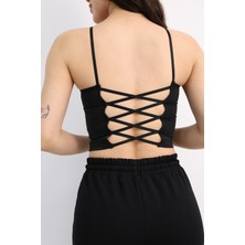 Dut Store Kadın V Yaka Kendinden Kaplı Sırtı Çarpraz Crop Büstiyer Siyah