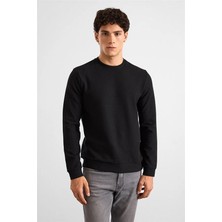 Süvari Siyah Regular Melanjlı Baskısız Waffle Bisiklet Yaka Cepsiz Düz Sweatshirt