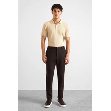 Süvari Koyu Kahve Slim Düz Twill Yarım Lastikli Jogger Pantolon