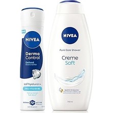 Uravas Store Kadın Sprey Deodorant Derma Control DEFEND150ML ve Creme Soft Kremsi Dokunuş Duş Jeli 750ML,HYALURON