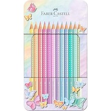 Uravas Store Faber-Castell Parlak Pastel Renkler Kuru Boya Kalemi, 12’li, Ergonomik Üçgen Gövde, Özel Kelebek Tasarımlı Metal Kutu, Canlı ve Inci Parlaklığında Renkler