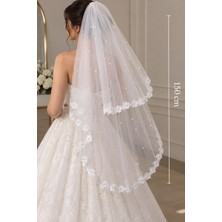 Dmc Yakut 150 cm Taraklı Çiçek ve Inci Detaylı 2 Katlı Tül Gelin Duvağı – Düğün, Nikah, Nişan, Kına – Kırık Beyaz