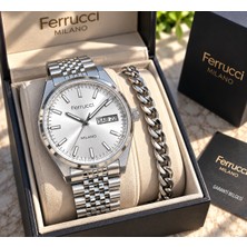 Ferrucci Function Gümüş Çelik Kordon Şık Hediye Pakette Erkek Tasarım Kol Saati+Bileklik Hediyeli