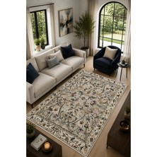 Home Royal Magnolia Krem Çiçek Desenli Modern Kaymaz Dijital Baskı Halı Yıkanabilir