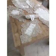 Ceki Home Salon Takımı Keten Angelika Çeyizlik Kreme Gold Runner Set 5 Parça Keten Ranır Masa Sehpa Konsol Örtüsü