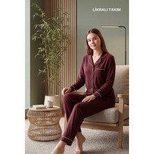 Over Sleep by Poleren Kadın Likralı Pijama Takımı- Uzun Kollu Gömlek Yaka ,rahat Kesim