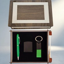 Uravas Store Şık Ahşap Kutulu Yeşil Kalem Anahtarlık ve Çakmak Seti