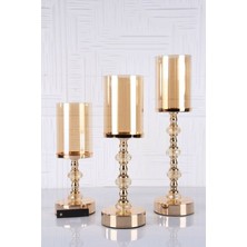 Tasarım Evi Gold Şamdan 3'lü Set Kristal Taşlı Ayaklı Cam Malzemeden Şık ve Modern Tasarım