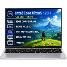 Acer Aspire Lite AL16-71P Intel Core Ultra 5 125H 16GB 512GB SSD Freedos 15.6'' FHD Taşınabilir Bilgisayar NX.DCLEY.001