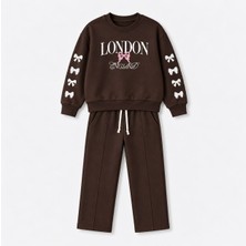 Yiğit Butik Kız Çocuk London Yazılı Fiyonk Detaylı Sweatshirt Pantolon Alt Üst Takım