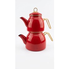 Pazard Nostaljik Emaye Çaydanlık Takımı Lüks Kırmızı Gold Kulplu - Üst Demlik 1.3 Lt / Alt Suluk 2.5 Lt