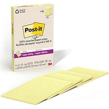 Renas Store POST-IT%100 Geri Dönüşümlü Kağıt Süper Yapışkan Notlar, 2x Yapıştırma Gücü, 4x6", Astarlı, 4 Ped/paket, 45 Yaprak/ped, Kanarya Sarısı (4621R-4SSCY)