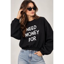 Sortie Collection Kadın Beli Lastikli Balon Kol Baskılı 3 Iplik Sweatshirt Siyah