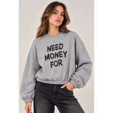 Sortie Collection Kadın Beli Lastikli Balon Kol Baskılı 3 Iplik Sweatshirt Gri Melanj