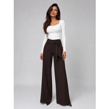 Sortie Collection Kadın Yüksek Bel Kuşaklı Geniş Paça Dökümlü Modal Palazzo Pantolon Kahverengi
