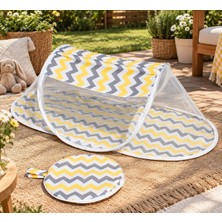 SerSev Çantalı Katlanabilir Bebek Cibinlik Gölgelik Çadırı 60X120 cm  Gri Zigzag Desenli Sinek ve Haşere Koruma