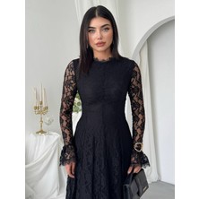 Moda Days Kadın Siyah Dantel Midi Elbise Dik Yaka Uzun Kollu A Kesim Davetlik
