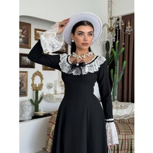 Moda Days Kadın Siyah Dantel Yakalı Fiyonk Broş Detaylı Uzun Kollu Kloş Midi Elbise