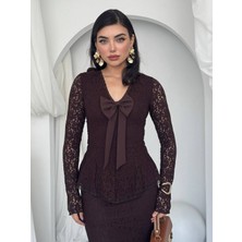 Moda Days Kadın Kahve Midi Dantel V Yaka Fiyonk Detaylı Uzun Kollu Peplum Elbise