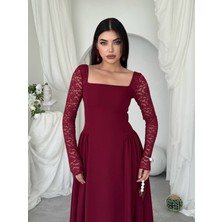 Moda Days Kadın Bordo Midi Elbise Kare Yaka Dantel Uzun Kollu Kloş Etekli Davet Şıklığı