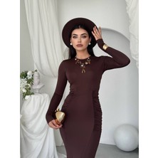 Moda Days Kadın Kahve Midi Elbise Bisiklet Yaka Uzun Kollu Yan Büzgülü Dar Kalıp