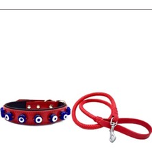 Desingshop Kırmızı Deri Örgü Köpek Gezdirme 90CM ve Hakiki Deri Nazar Boncuklu Köpek Tasması 56X2,5CM 2li Set