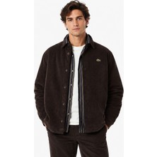 Lacoste Men's Relaxed Fit Button-Down Linen Shirt  Rahat Kesim Kadife Erkek Dış Gömlek Kahverengi