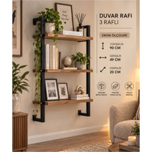 Sofmina 3 Raflı Duvar Rafı – Ahşap Metal Dekoratif Kitaplık – 90X49X20 cm