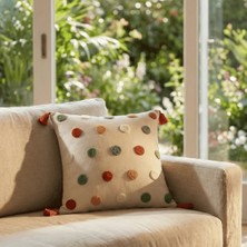 Destiva Home Renkli Nokta Punch Nakışlı Dekoratif Püsküllü Gizli Fermuarlı Pamuk Kırlent Kılıfı 42X42 cm