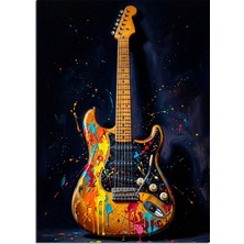 Artmeg Renkli Boyalı Elektro Gitar Sanatsal Dekoratif Kanvas - Mdf Ahşap Tablo