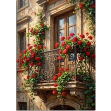 Artmeg Sarmaşıklı Balkon Kırmızı Çiçek Tablosu Dekoratif Kanvas - Mdf Ahşap Tablo