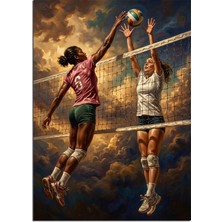 Artmeg Bulutlu Voleybol Oynayan Iki Kadın Dekoratif Kanvas - Mdf Ahşap Tablo