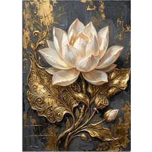 Artmeg Altın Desenli Beyaz Lotus Çiçeği Dekoratif Kanvas - Mdf Ahşap Tablo