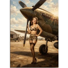 Artmeg Uçak Önünde Poz Veren Pin-Up Kız Dekoratif Kanvas - Mdf Ahşap Tablo